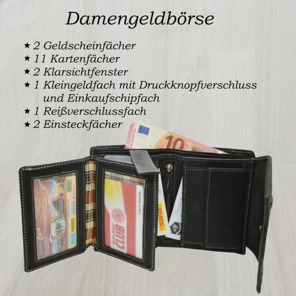 Edle Damen Geldbörse Portmonnaie Geldbeutel aus weichem Wasserbüffel Leder (schwarz)